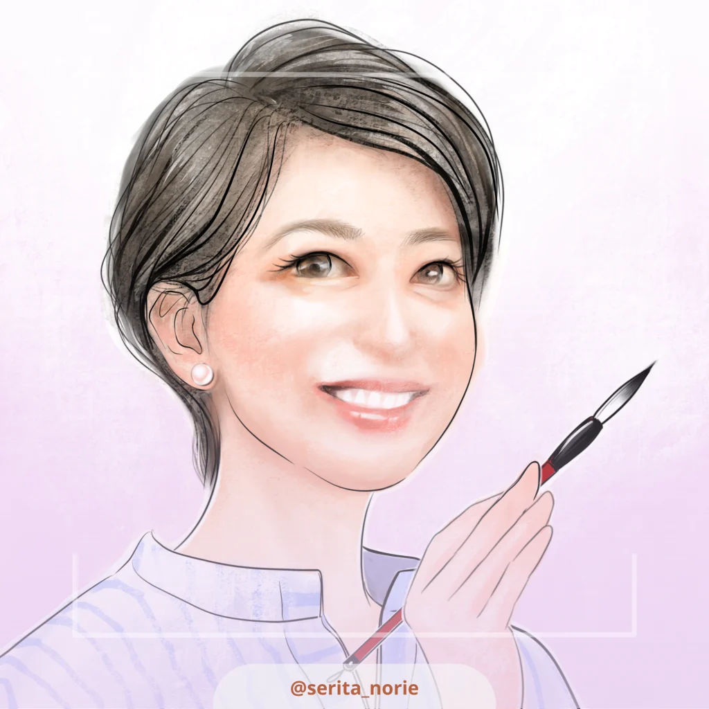 筆を持って微笑むショートカットの女性のイラスト