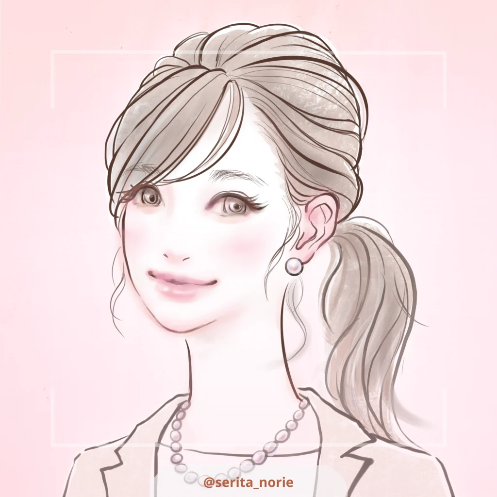 髪を後ろで束ねて微笑む女性のイラスト