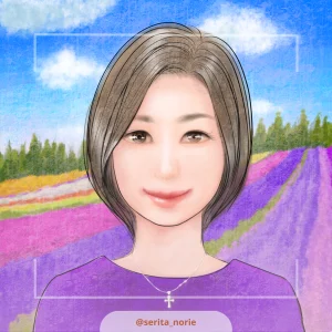 ラベンダー畑の背景で微笑む紫の服をきた女性のイラスト