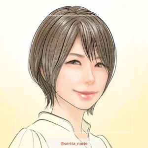 黄色の背景で微笑むショートカットの女性のイラスト
