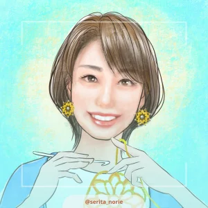 編み物をしている黄色のレースのイヤリングをした笑顔の女性のイラスト
