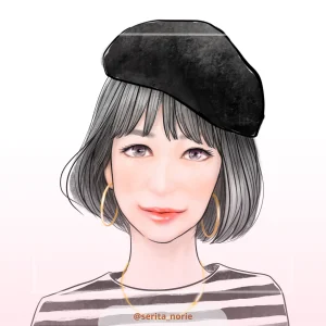黒と白のボーダーの服を着た黒いベレー帽の女性のイラスト