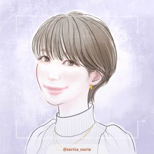 薄紫の背景で微笑むショートカットの女性のイラスト