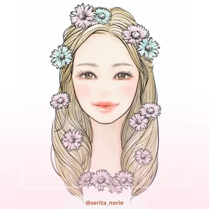 髪に花を散りばめたロングヘアの女性のイラスト