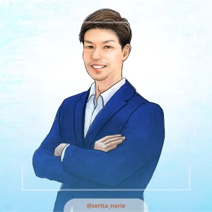 青いスーツを着て腕組みをしている男性の上半身のイラスト