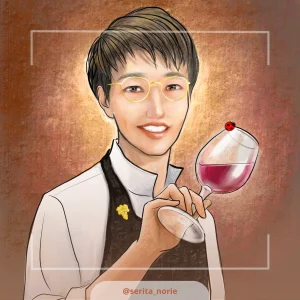 赤ワインの入ったグラスを持ったメガネの男性のイラスト