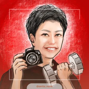 赤い背景でカメラとダンベルを持った男性のイラスト