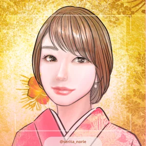 金色の背景でピンクの着物を着ている女性のイラスト