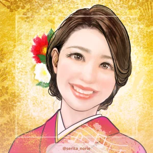 金色の背景でピンクの着物を着ている笑顔の女性のイラスト