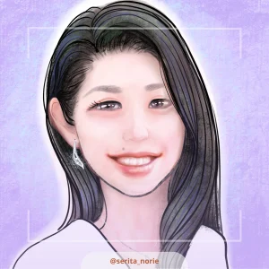 薄紫の背景で黒髪ロングヘアの女性のイラスト