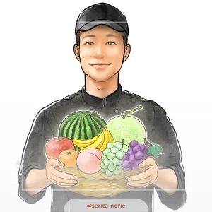 フルーツカゴを持った黒いキャップの男性のイラスト