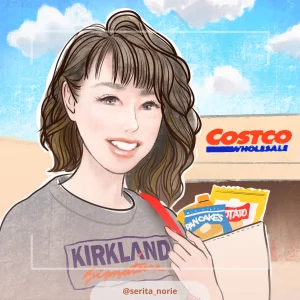 コストコの背景で買い物袋を抱えた女性のイラスト