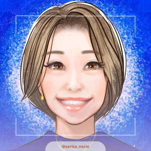 青い背景で微笑む女性のイラスト