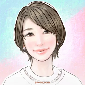水色とピンクの背景で微笑む女性のイラスト