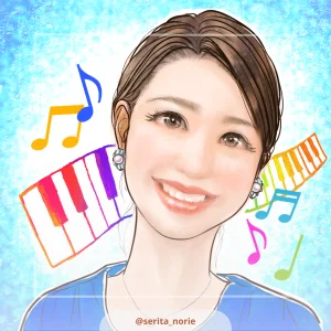 鍵盤と音符の背景でほほえむ女性のイラスト
