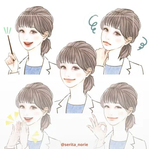笑顔や困った顔の髪の毛を一つに括った女性のイラスト表情５パターン