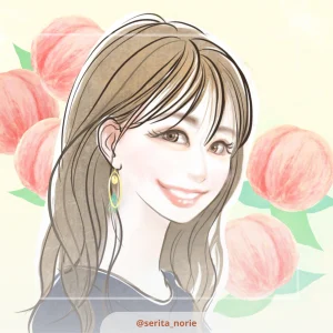 桃の背景で微笑むロングヘアの女性のイラスト