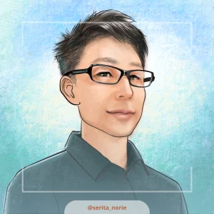 深い緑のシャツを着て微笑むメガネの男性のイラスト