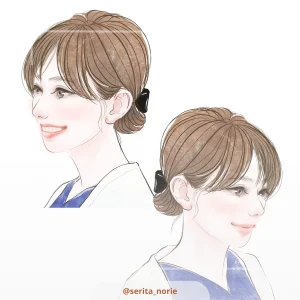髪を後ろでまとめた女性右むきと左向きの笑顔のイラスト
