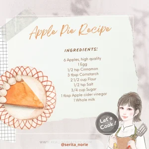 アップルパイとレシピと調理器具を持った女性のイラスト