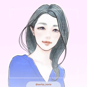 青いＶネックの服をきたロングの黒髪の女性のイラスト