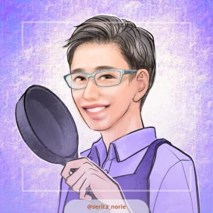 紫の背景、洋服でフライパンを持った男性のイラスト