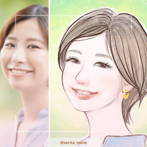 微笑んでいるショートヘアの女性の写真とそのイラスト