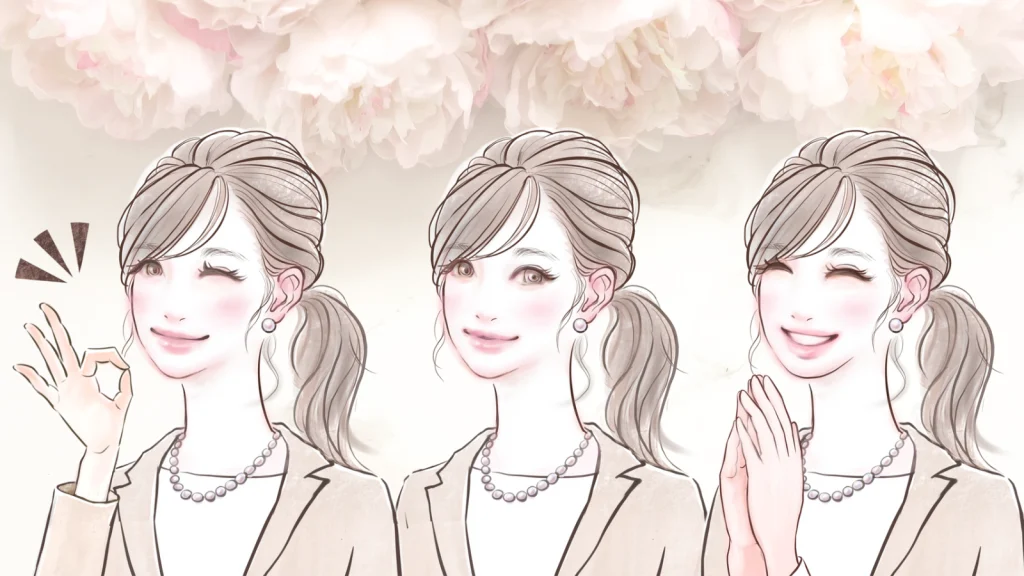 髪を後ろに束ねた女性の表情三種類のイラスト