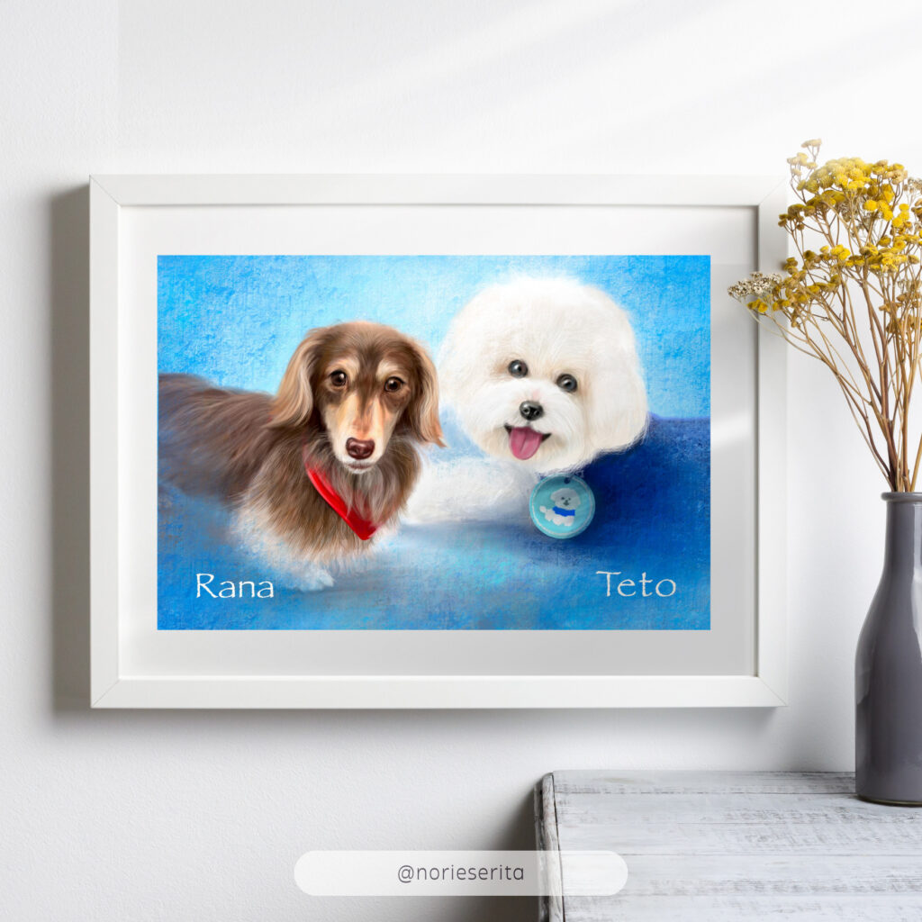 焦茶色の犬と白い犬の似顔絵