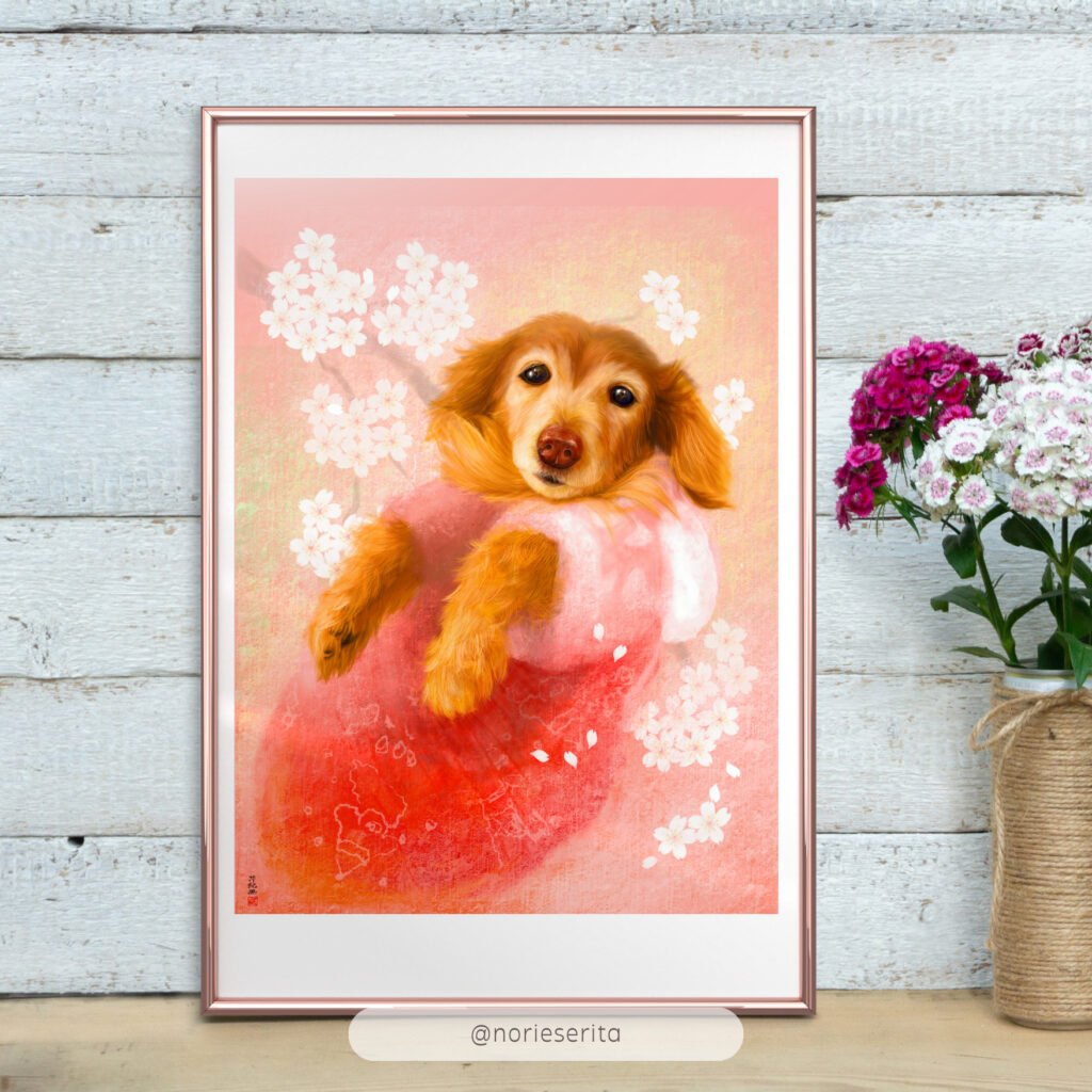 ピンクと赤の洋服を着た犬の似顔絵