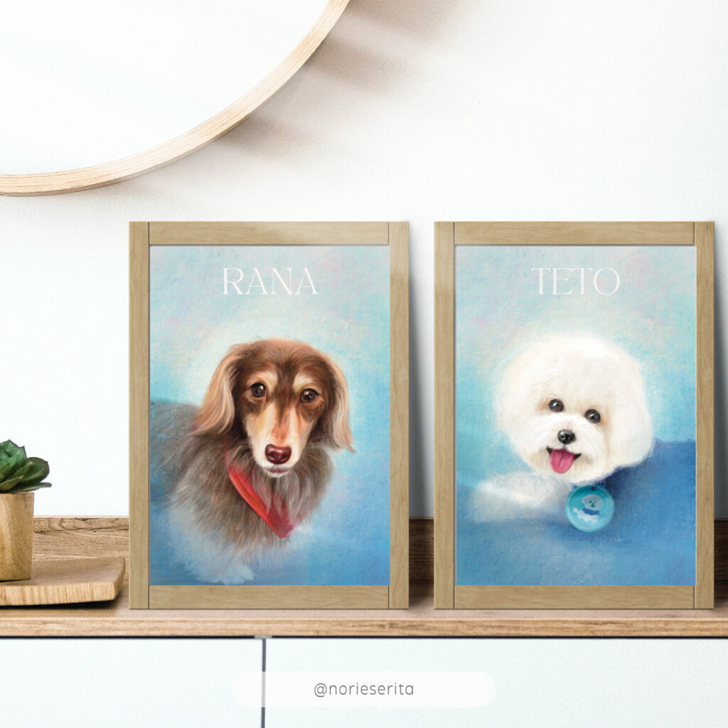 焦茶色の犬と白い犬の似顔絵
